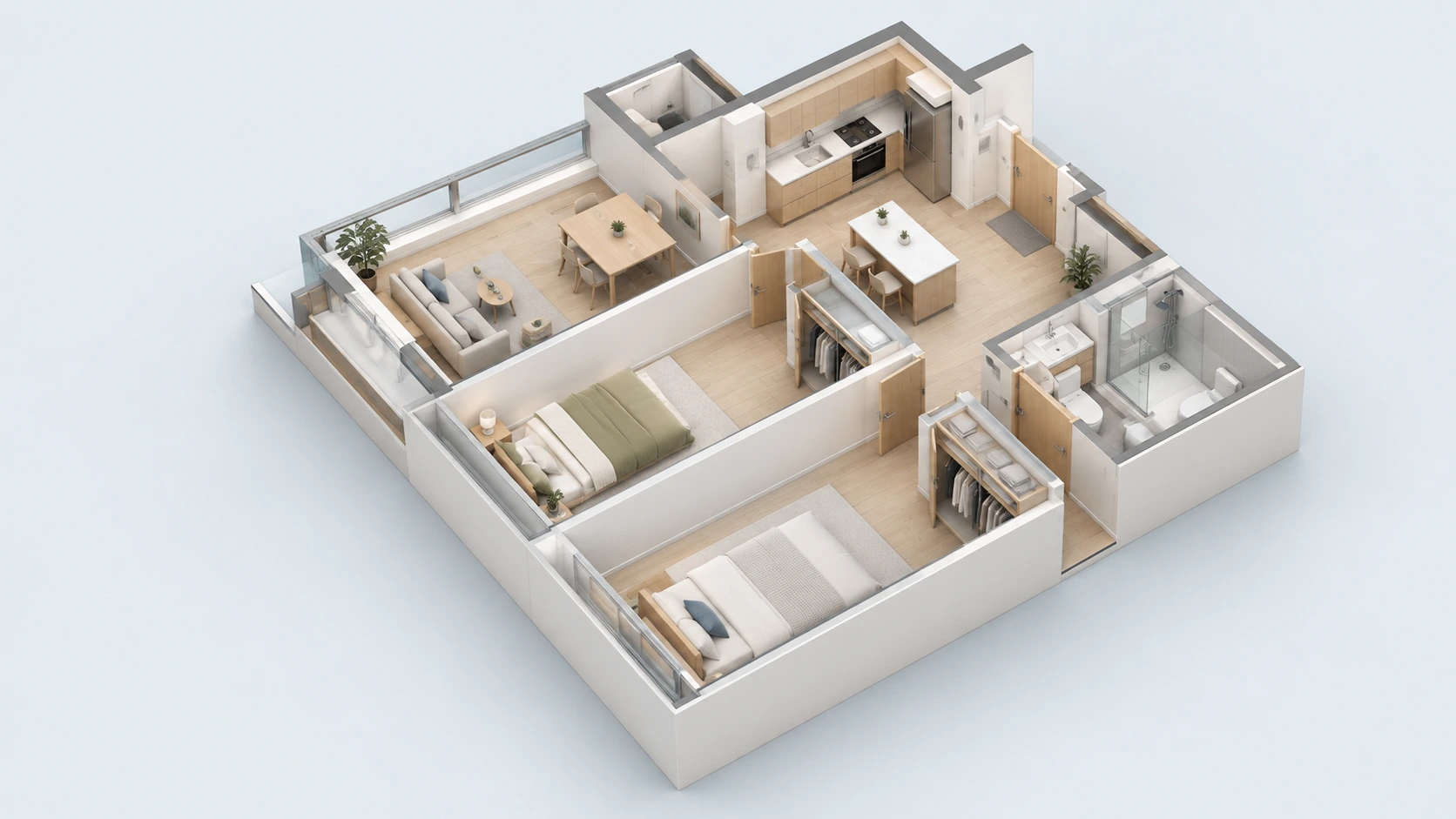 Target-quality cutaway of a practical two-bedroom apartment with kitchen, bathrooms, furniture and storage
