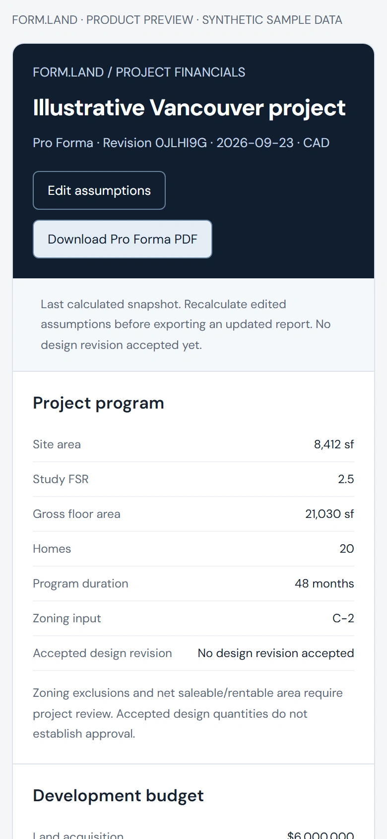 Actual form.land pro forma report at phone size with synthetic project data