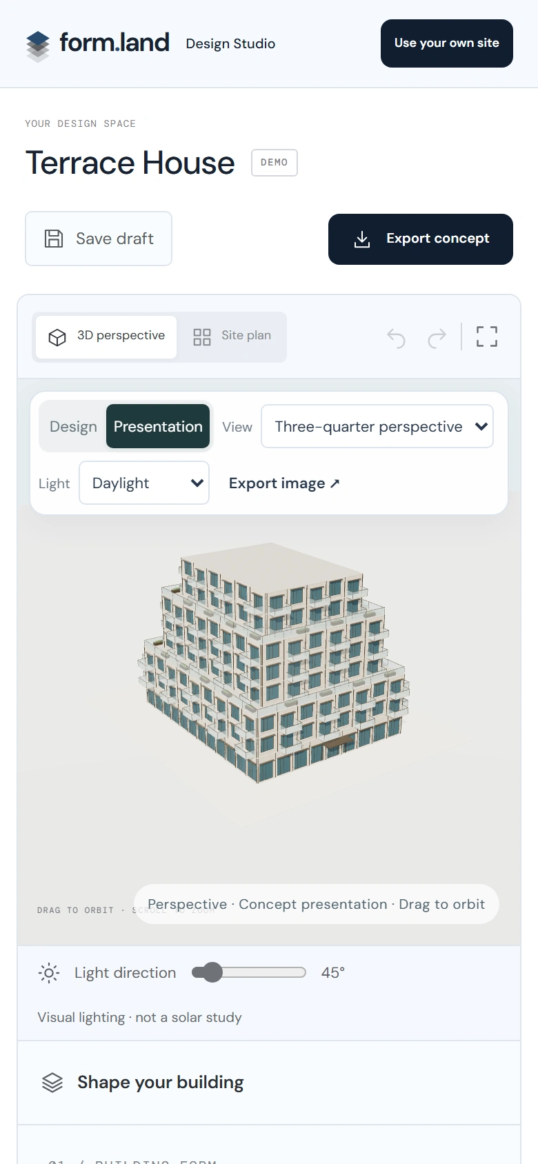 Actual form.land Design Studio at phone size, showing a terraced building concept and design controls