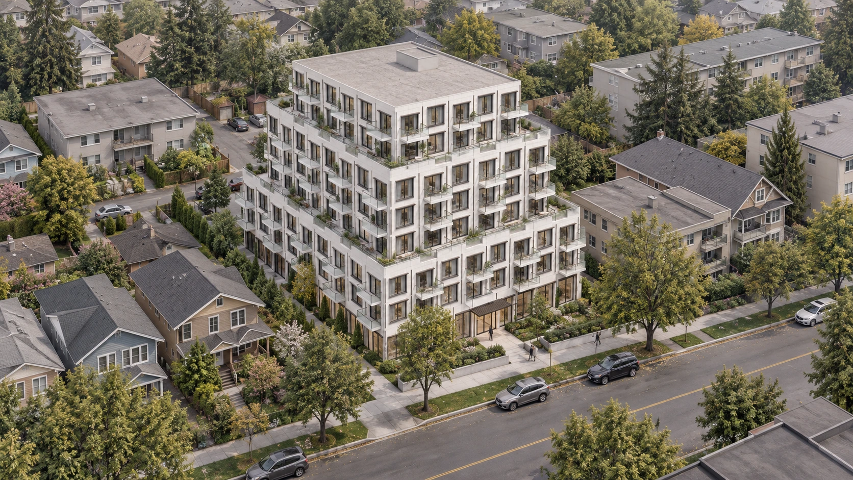 Target visualization: terraced mid-rise proposal within an illustrative neighbourhood of homes, streets and trees
